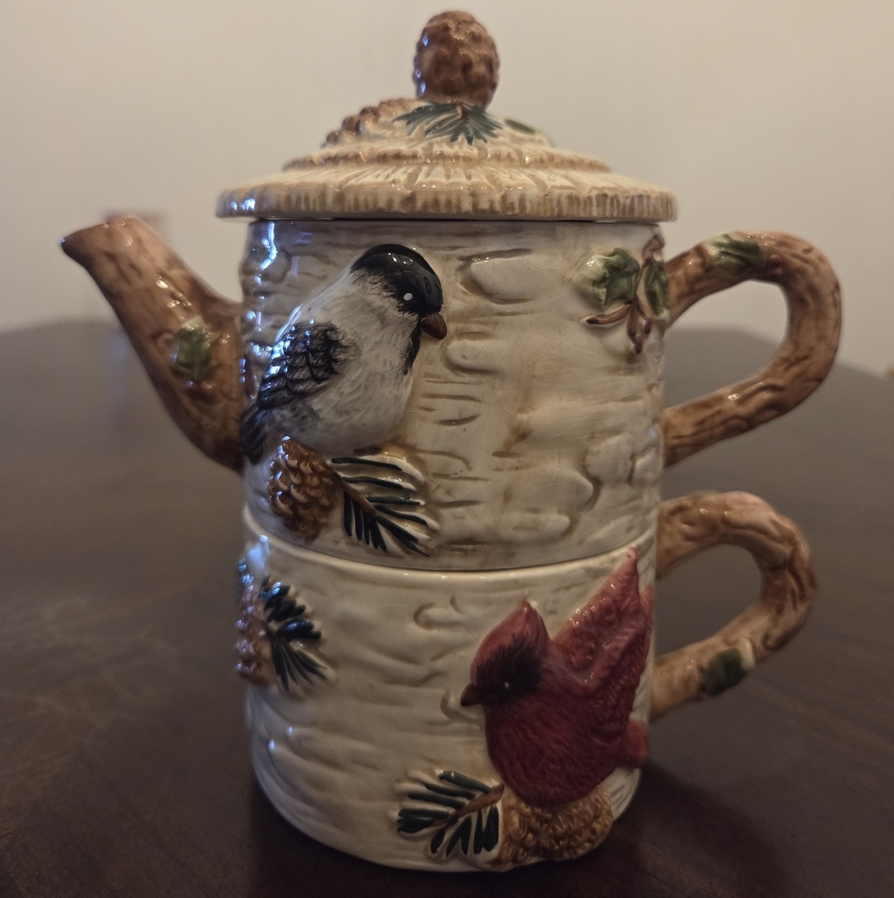 Sonoma Ceramic Teapot and Cup Set with Birds - Brown, Red, Black